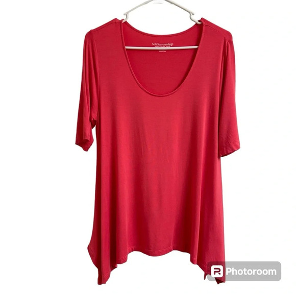 Soft Surroundings Timely Tunic Top Petite Med Pink Shark Bite Hem Short Sleeve - Picture 2 of 8